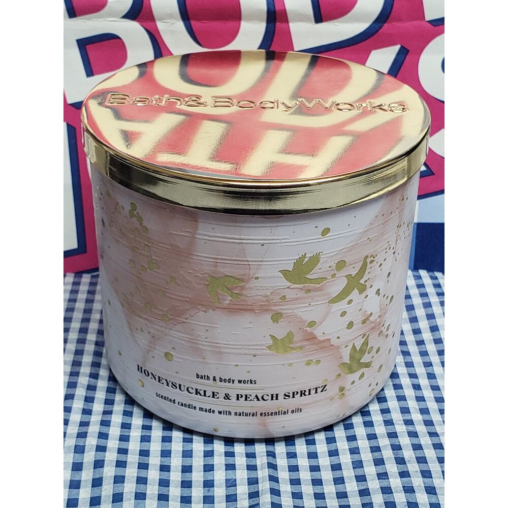 BBW Honeysuckle & Peach Spritz Large 3 Wick Candle Home Fragrance Decor